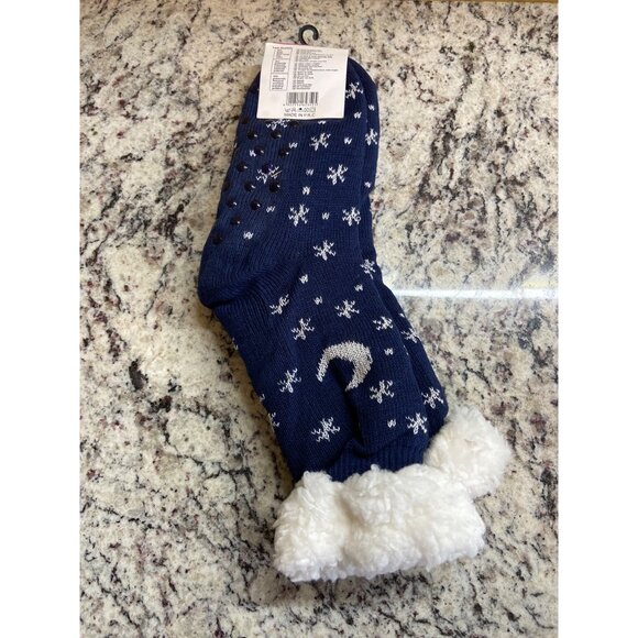 Thermo Sherpa Lined Slipper Sock Size 38-42 Navy Snowflake Non-Slip Fleece Cozy - Picture 2 of 5